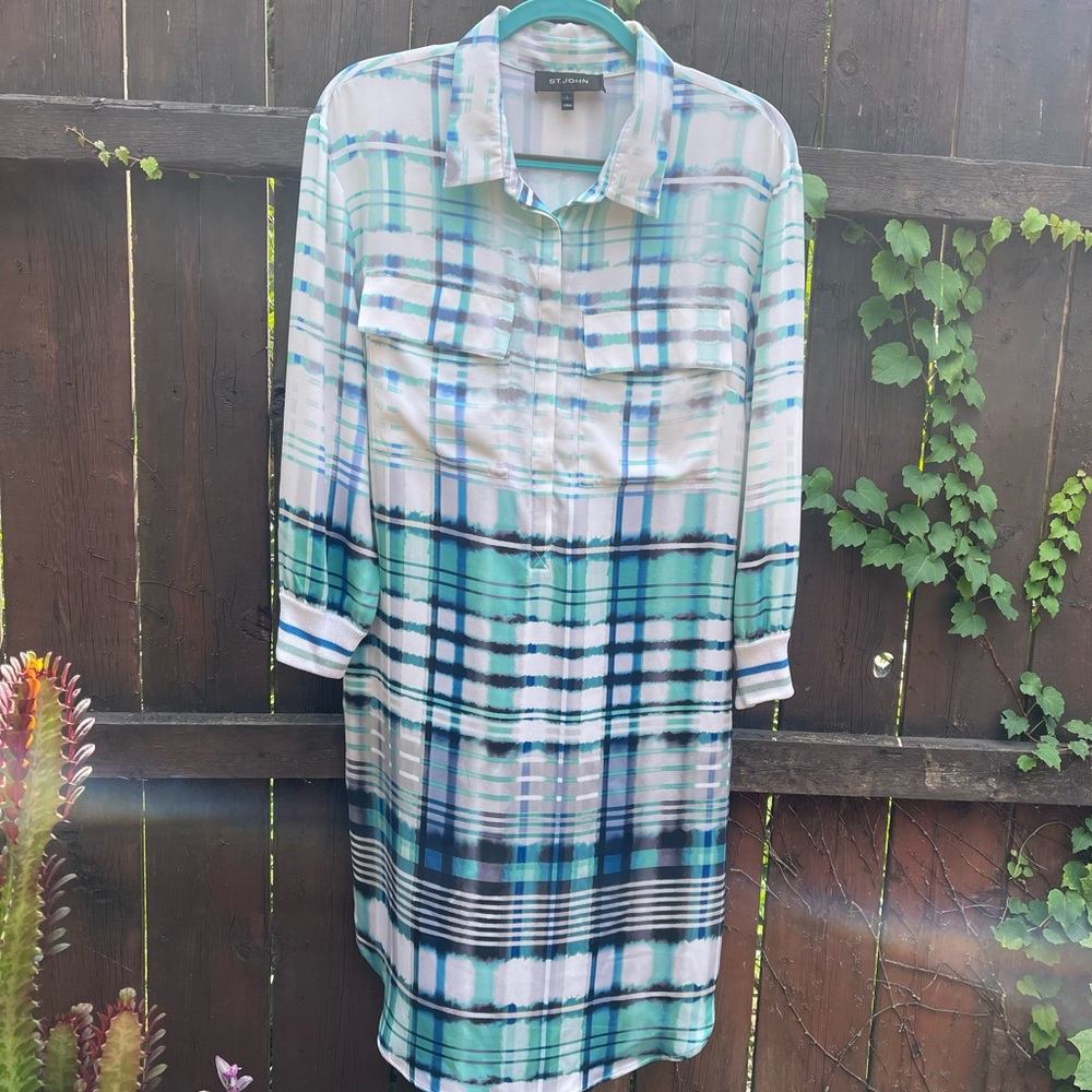 St. John Blue and Green Plaid Long Sleeve Dress